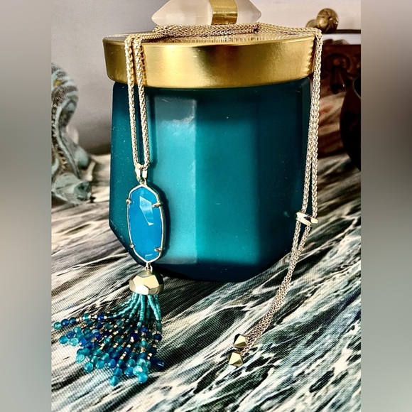 Kendra Scott NWOT Eva Teal Agate Long Long Pendant Necklace Adj Length Chain - Picture 8 of 11